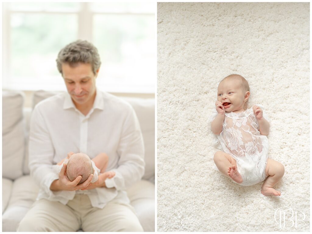 Baby smiling during Chantilly, VA in home newborn photos