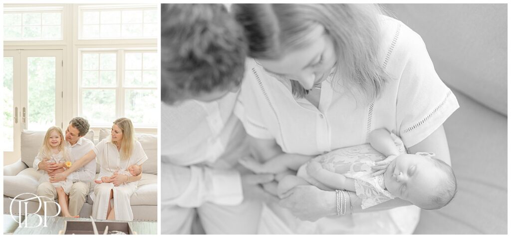 Family laughing during Chantilly, Virginia in home newborn photography