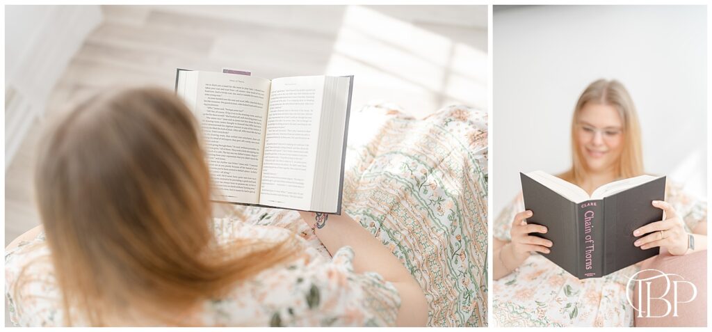 Woman reading a book during Fairfax, Virginia branding photography