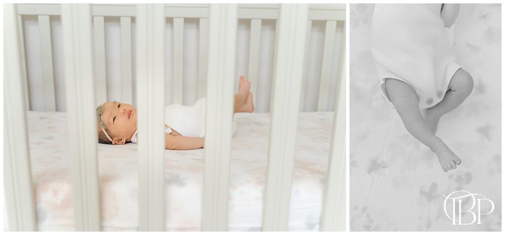 Baby in a crib during at home newborn picture session at Warrenton. VA