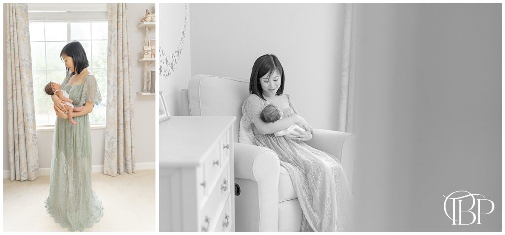 Mom and baby in nursery during Warrenton, Virginia at home newborn photo session