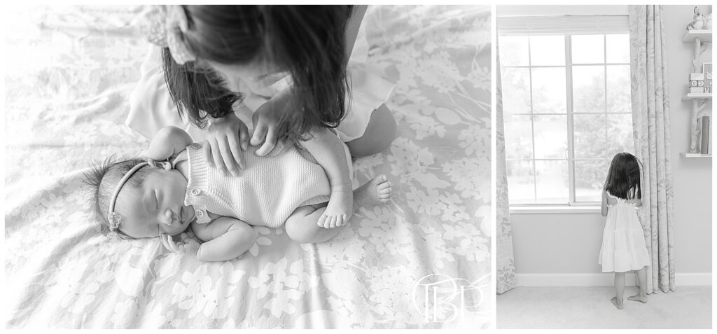 Sister playing with baby during at home newborn picture session at Warrenton, Virginia