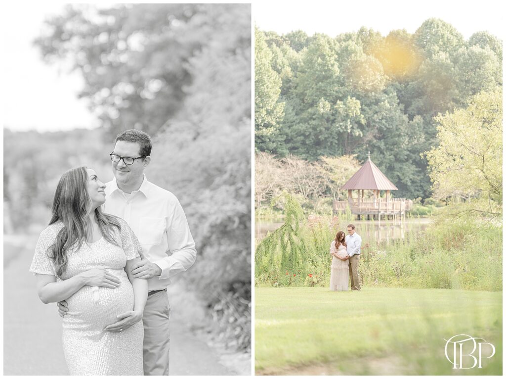 Couple look lovingly during maternity session in Reston, Virginia