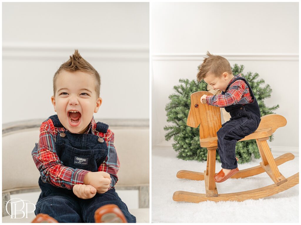 Boy laughing during Northern Virginia studio Christmas minis