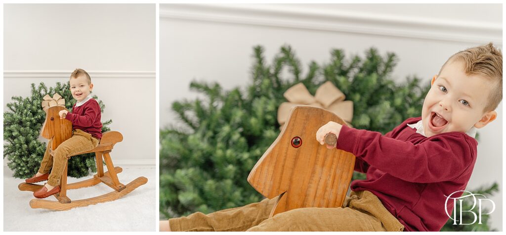 Boy on a rocking horse during studio Christmas mini session in Northern VA