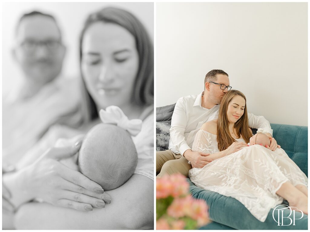 Dad kissing mom on the couch taken by Ashburn, Virginia lifestyle newborn photographer