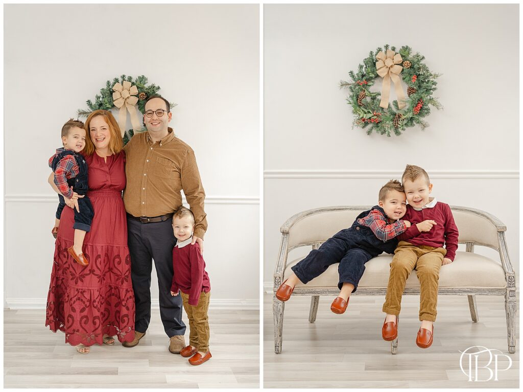 Family of 4 smiling during studio Christmas minis in Northern Virginia