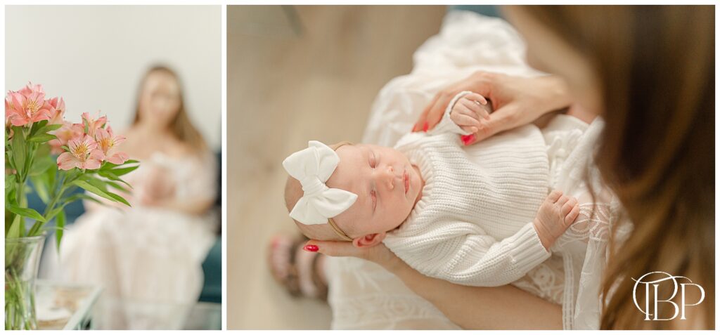 Flowers & baby girl with mom taken during Ashburn, Virginia lifestyle newborn photos