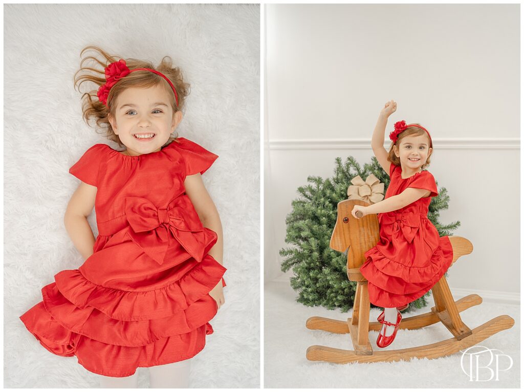 Girl riding the rocking horse during studio Christmas mini session in Northern Virginia