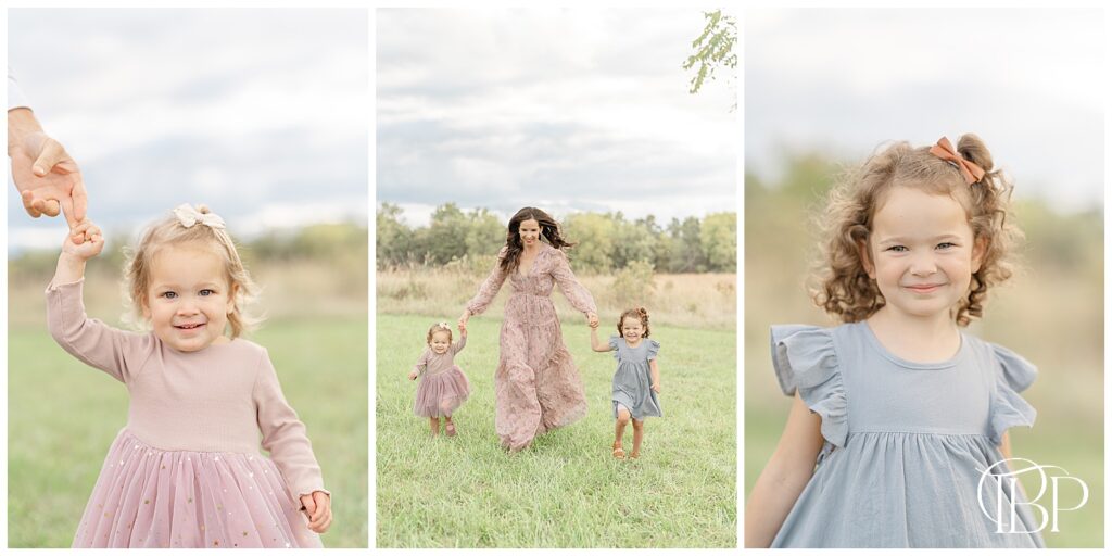Mom runs with her girls during Prince William County, Virginia fall mini session
