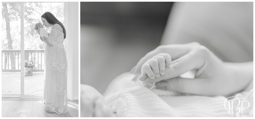 Mom smelling baby girl during Ashburn, Virginia lifestyle newborn pictures