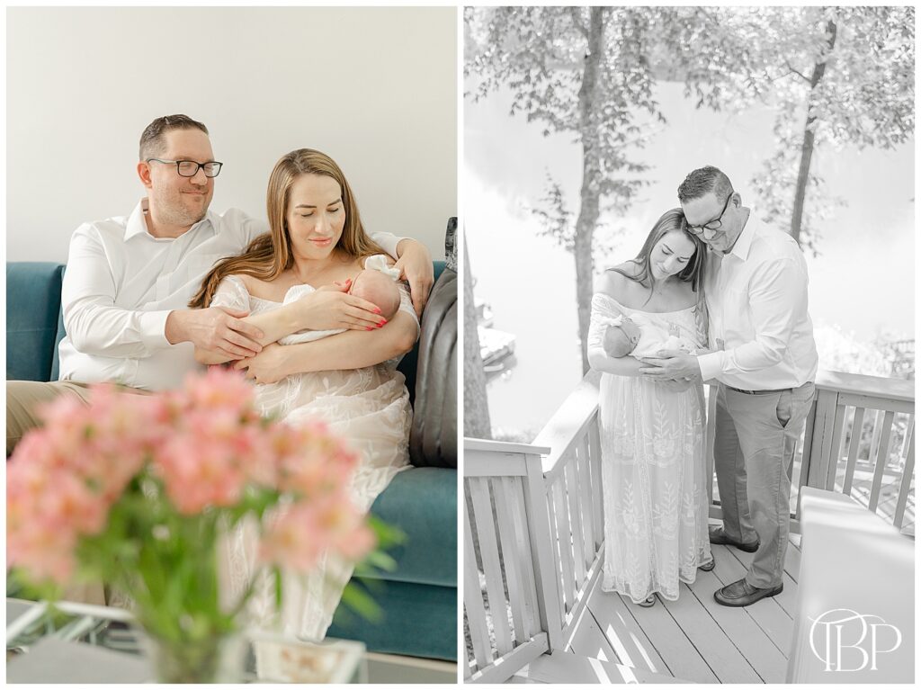 Parents on the deck during Ashburn, Virginia lifestyle newborn photography