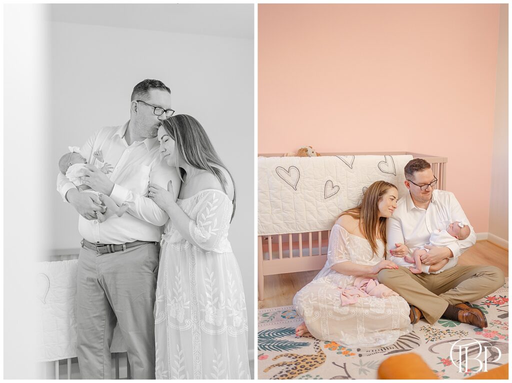 Parents in the nursery with baby during lifestyle newborn session in Ashburn, Virginia