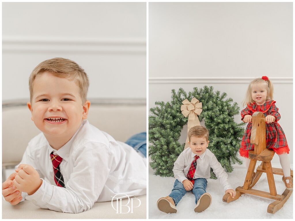 Siblings playing with the rocking horse during studio Christmas minis in Northern Virginia