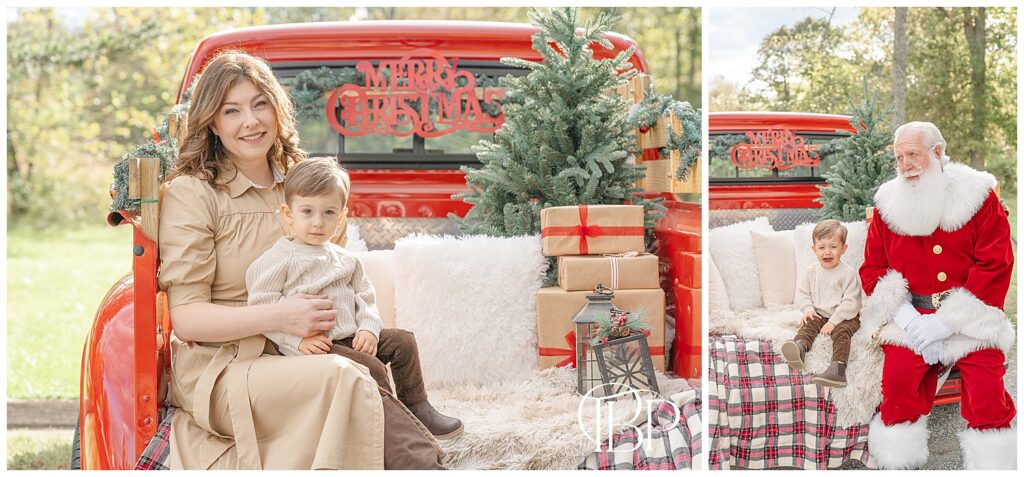 Boy crying sitting next to Santa during Fairfax County, VA red truck mini session