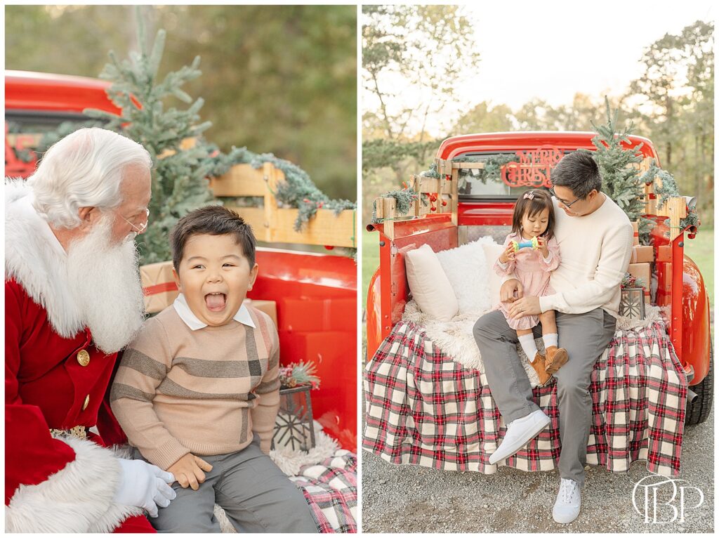 Boy laughing with Santa during Fairfax County, Virginia red truck mini session