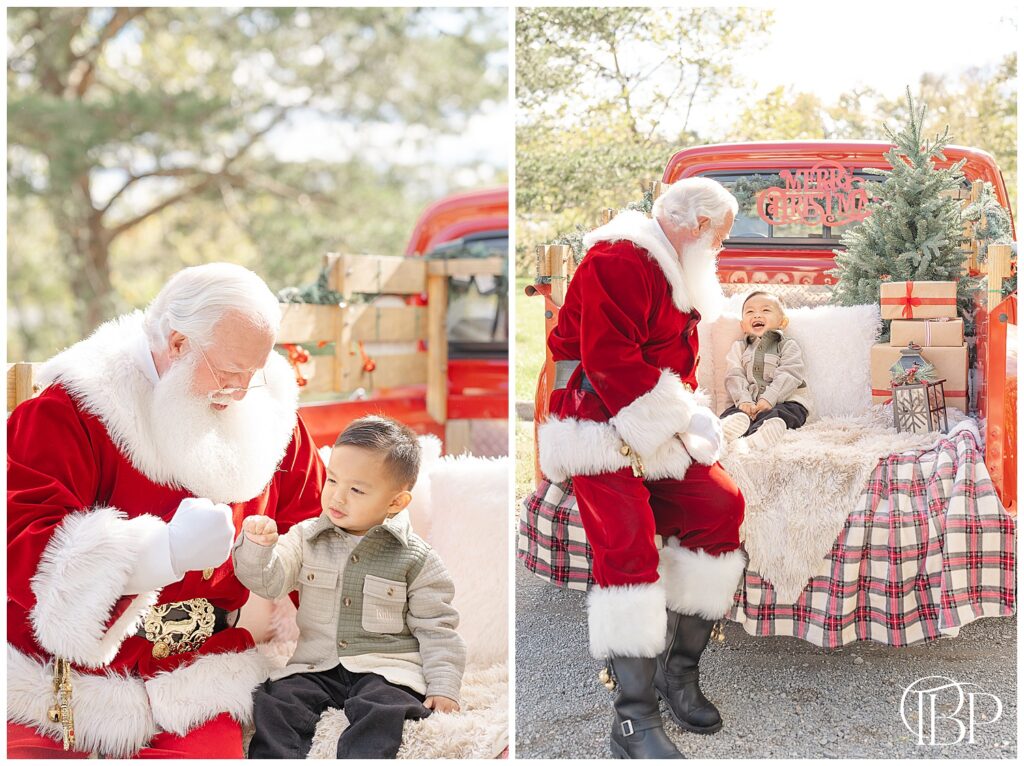Boy laughing with Santa taken by Fairfax County, Virginia red truck mini session photographer