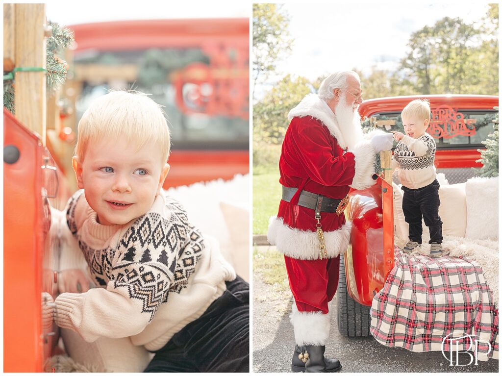 Boy playing rocks with Santa during Fairfax County, VA red truck minis