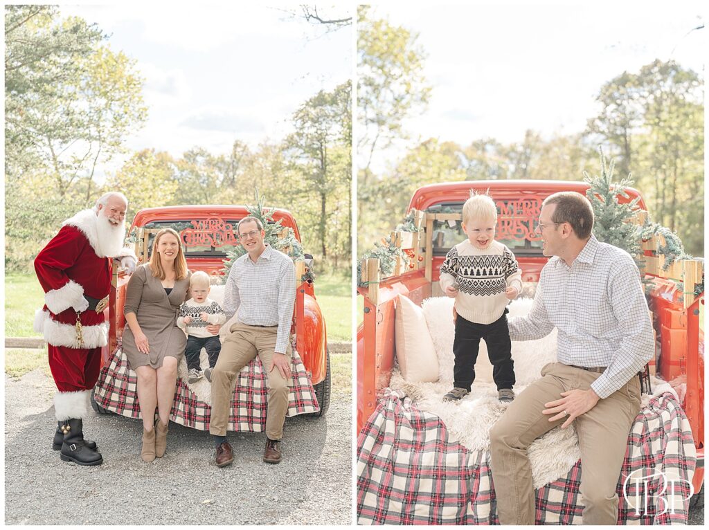 Family of 3 smiling during red truck mini session during Fairfax County, Virginia