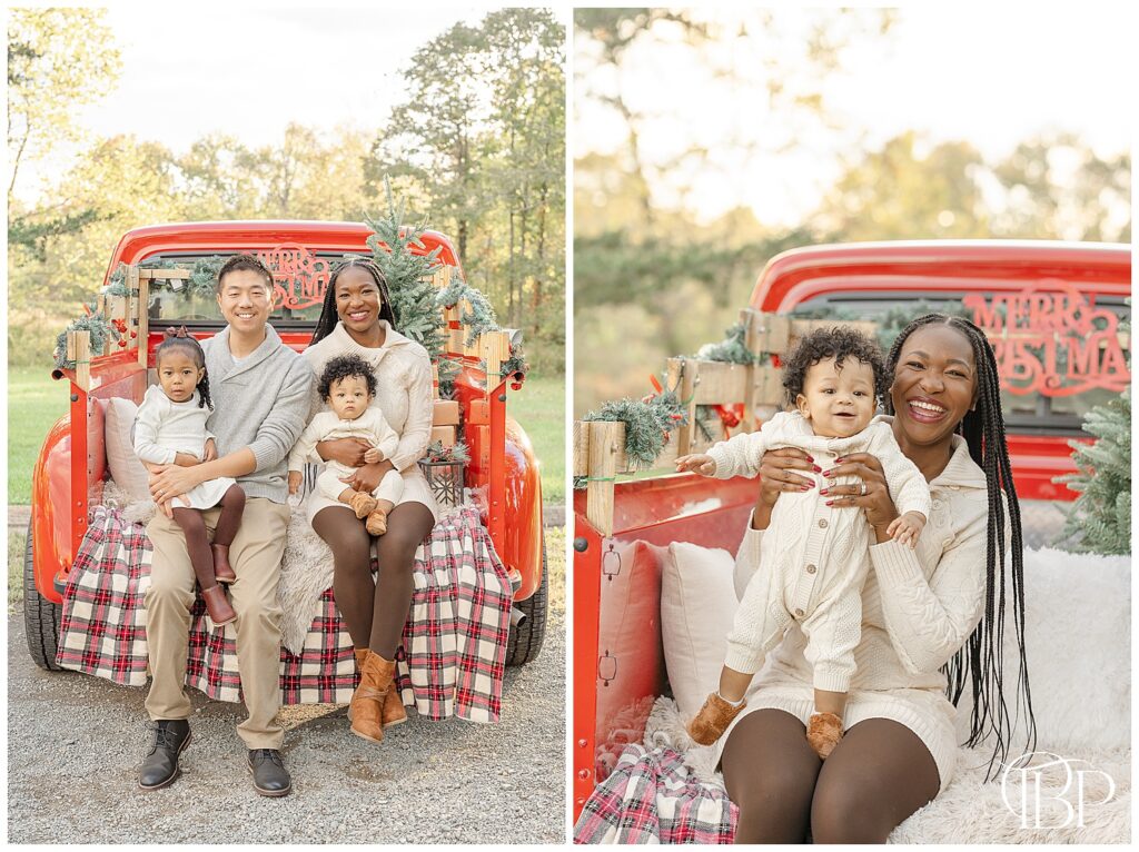 Family of 4 pose during Fairfax County, Virginia red truck mini session