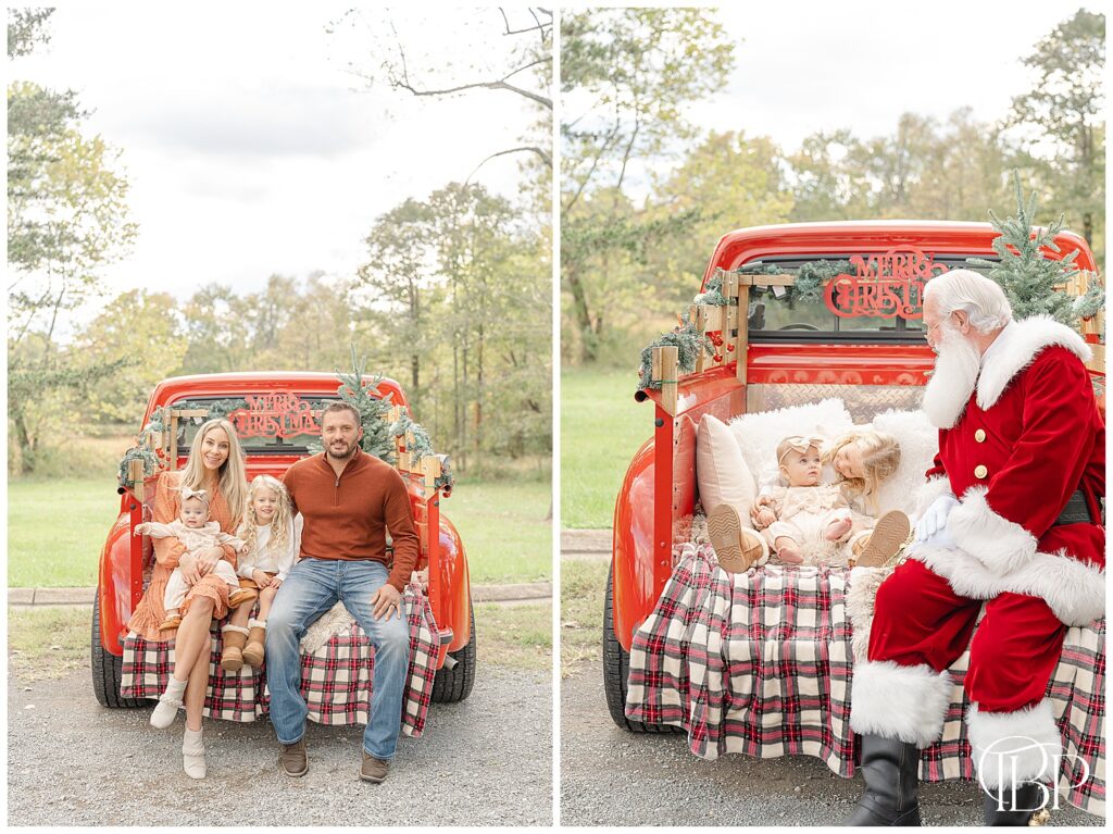 Family of 4 smiling during red truck mini session in Fairfax County, Virginia