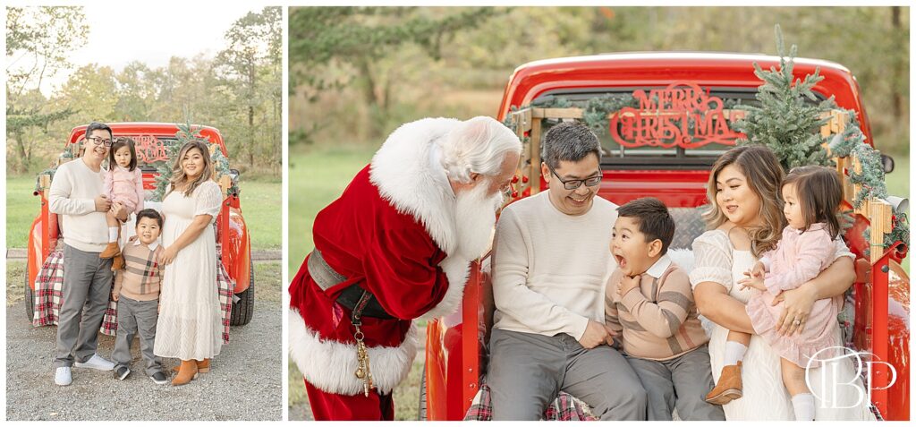 Family of 4 talking to Santa during red truck minis in Fairfax County, VA