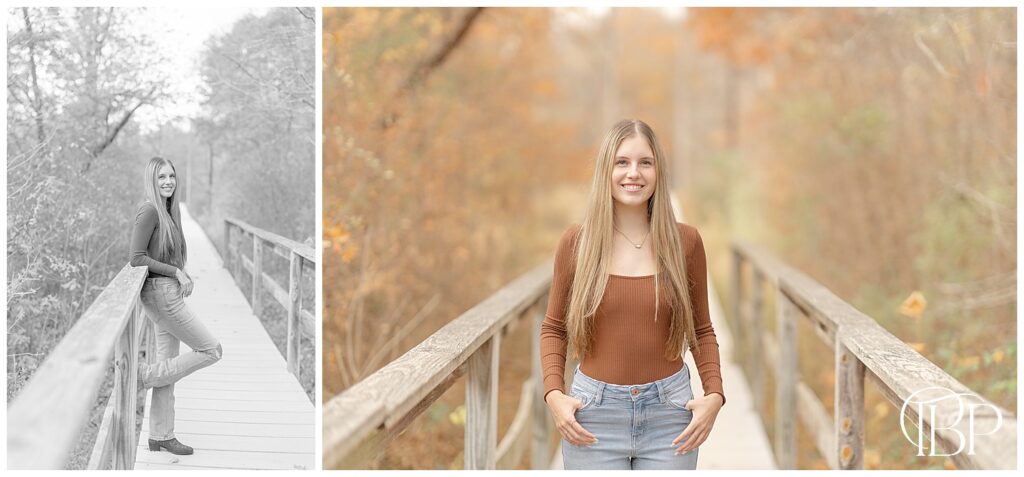 Girl leaning on a bridge during Gainesville, VA senior photoshoot