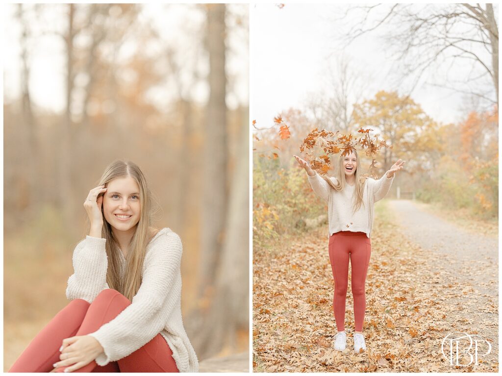 Girl playing with leaves during Gainesville, VA fall senior photos
