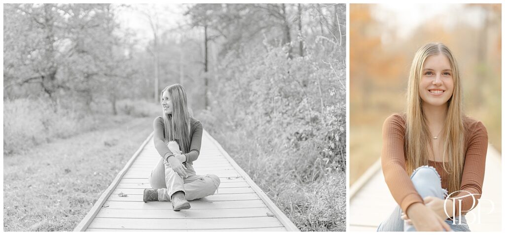 Girl sitting on a bridge during Gainesville, Virginia fall senior photoshoot