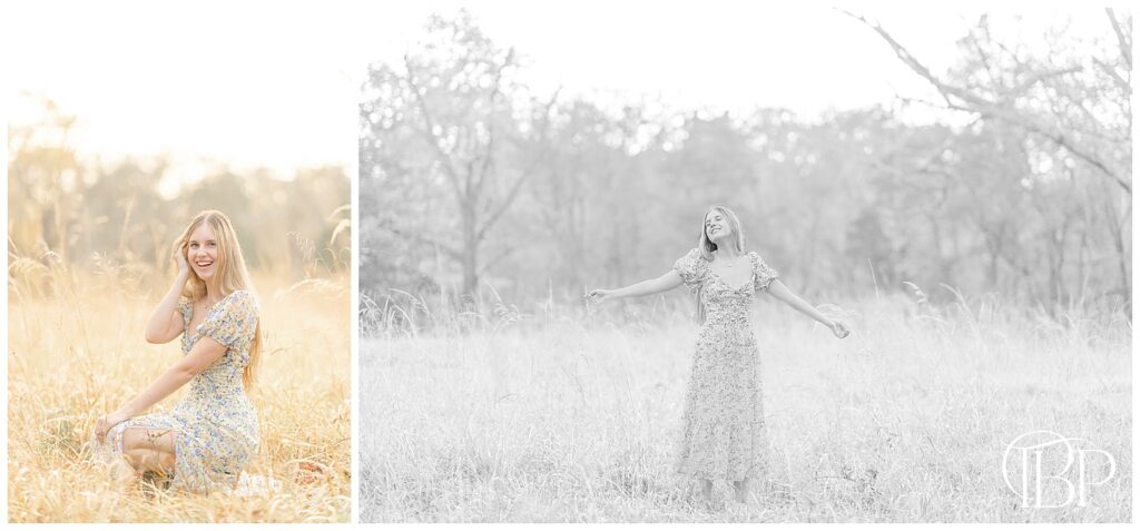 Girl soaking in the moment in a field with tall grass during fall senior photoshoot in Gainesville, Virginia