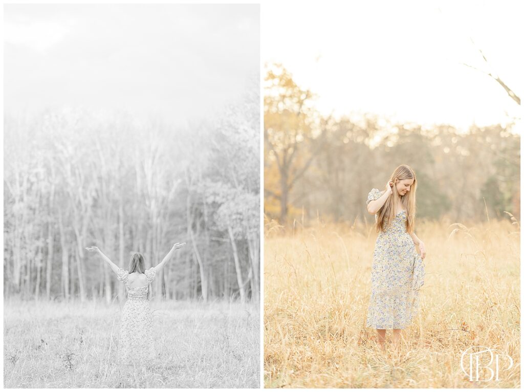 High school girl looking at her dress during Gainesville, Virginia fall senior photos