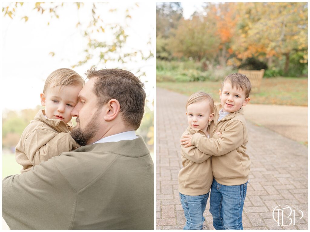 Dad having a sweet moment with son during Fairfax County, Virginia fall mini sessions