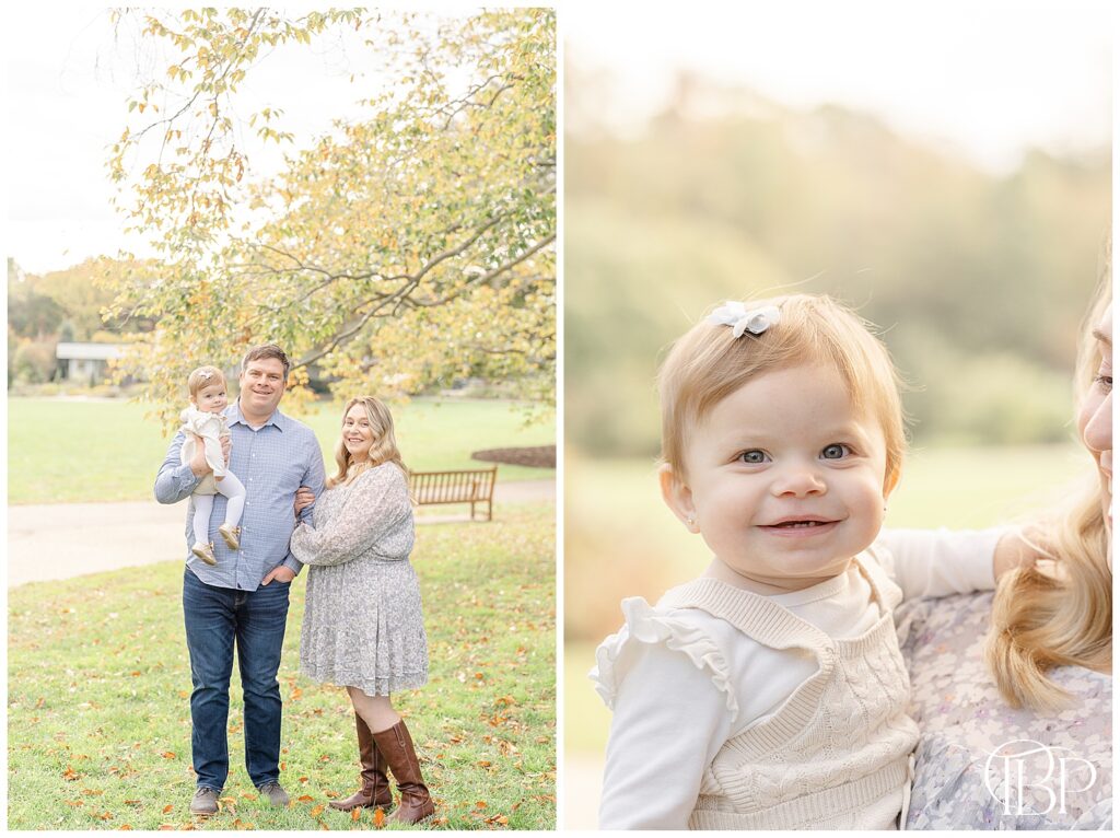 Family of 3 pose for photos during Fairfax County, Virginia fall mini sessions