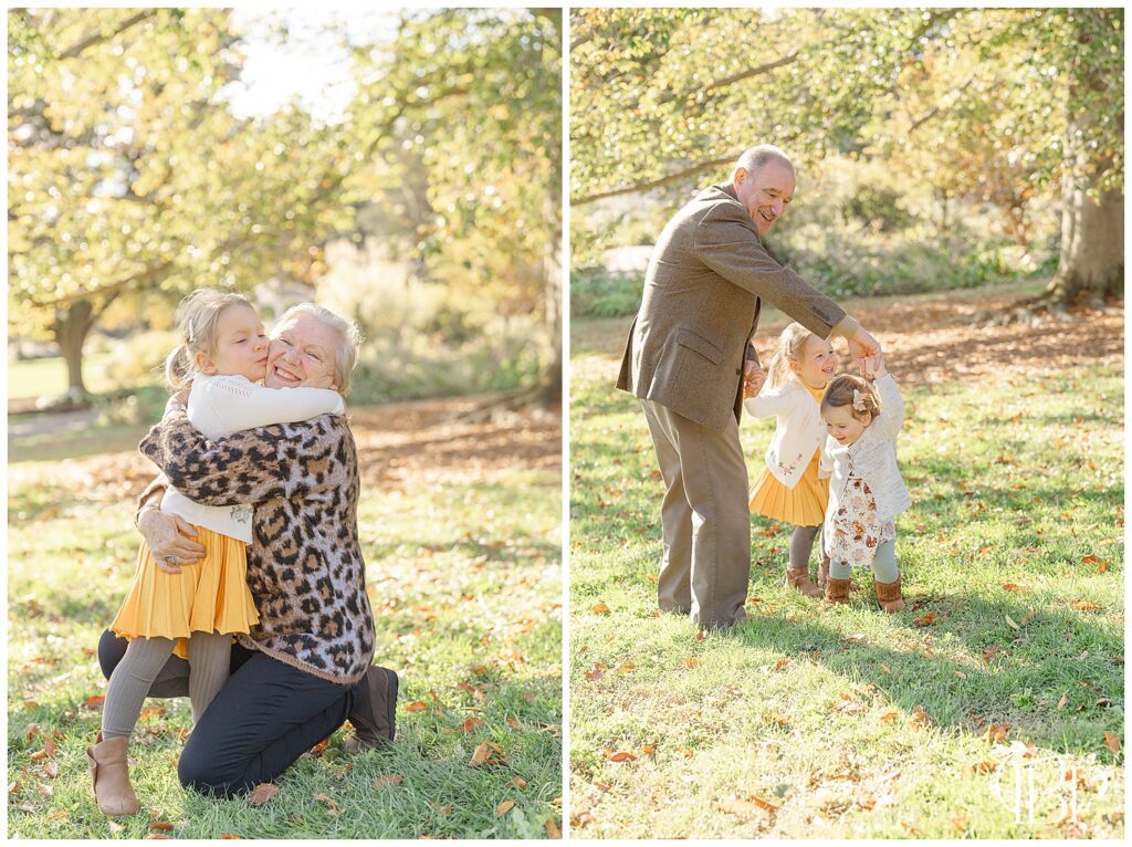 Grandparents playing with girls during Fairfax County, VA fall mini sessions
