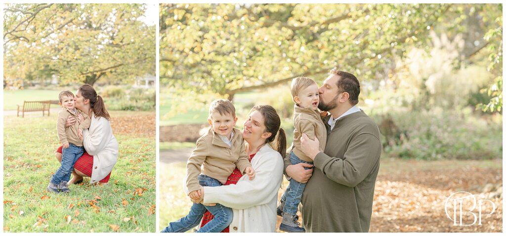 Parents kiss sons during Fairfax County, VA fall minis