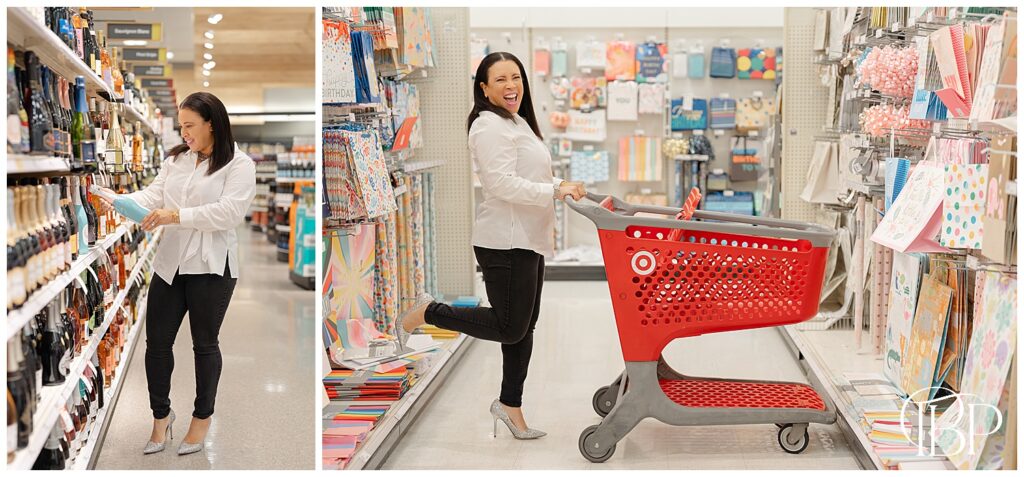 Events planner having fun at Target during Gainesville, Virginia branding pictures