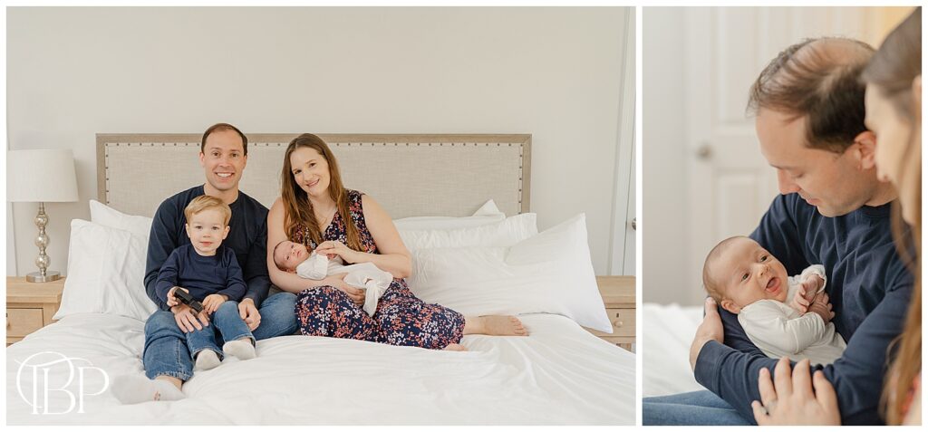 Family of 4 posing for at home newborn photos in their master bedroom