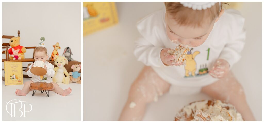 Baby eating whole cake in Fairfax, Virginia studio