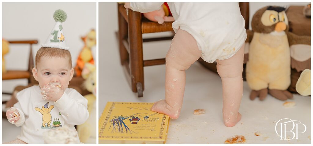 Baby feet during studio cake smash pictures in Fairfax, Virginia