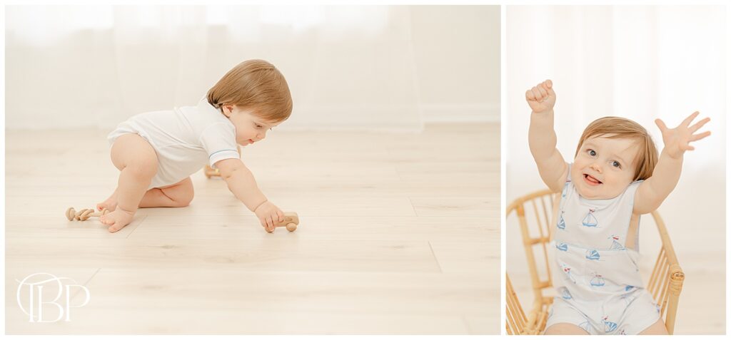 Baby's arms up during simple cake smash session in Ashburn, Virginia