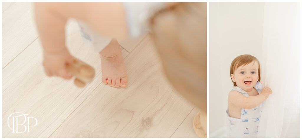 Baby playing peek-a-boo during Ashburn, Virginia simple studio cake smash pictures