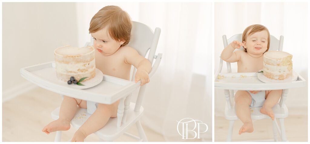 Baby on a vintage high chair taken by Ashburn, VA cake smash photographer