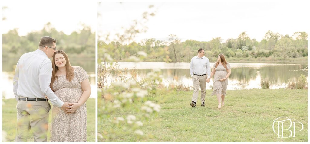 Expecting couple during spring minis at a Virginia lakeside location