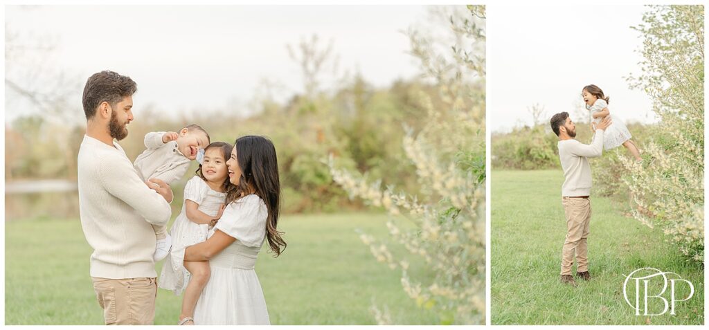 Family laughing and playing during spring mini session in Virginia