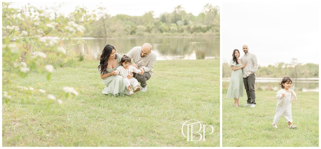 Family playing in Virginia lakeside spring mini session