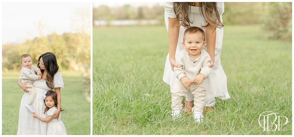 Mom happy with kids during lakeside spring minis in Virginia