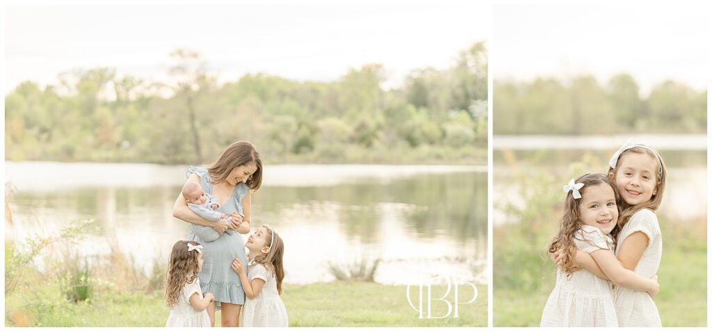 Mom laughing with kids during Virginia lakeside spring minis