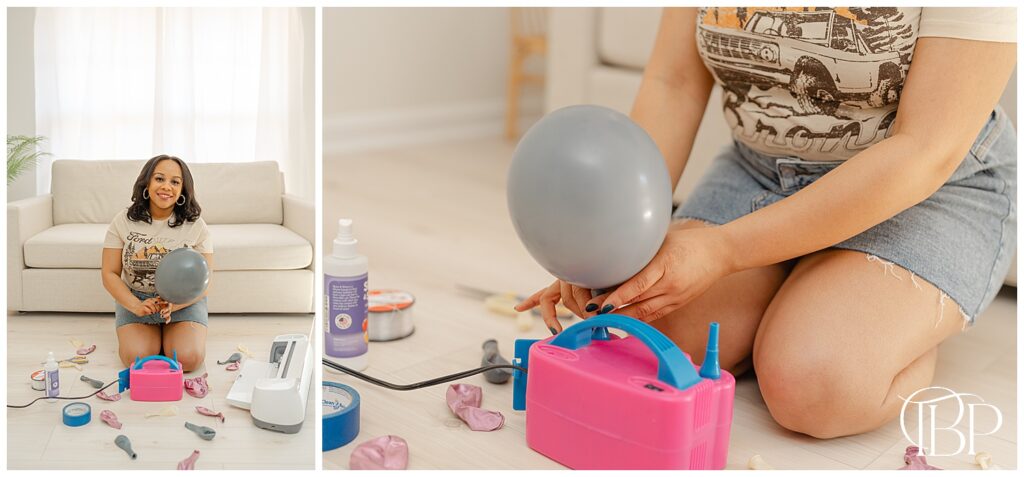 Woman filling balloons with air during Sterling, Virginia Branding pictures