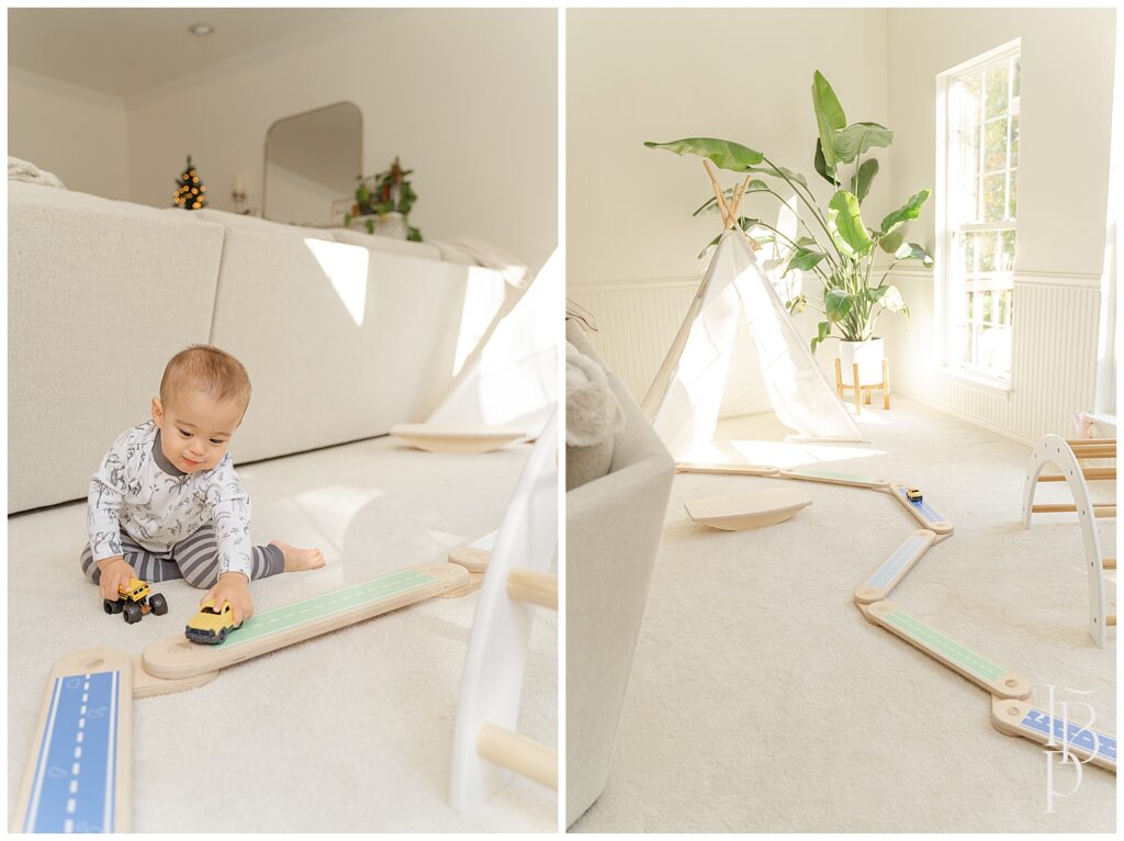 Lifestyle product photo of a boy playing with car on a wooden balance beam