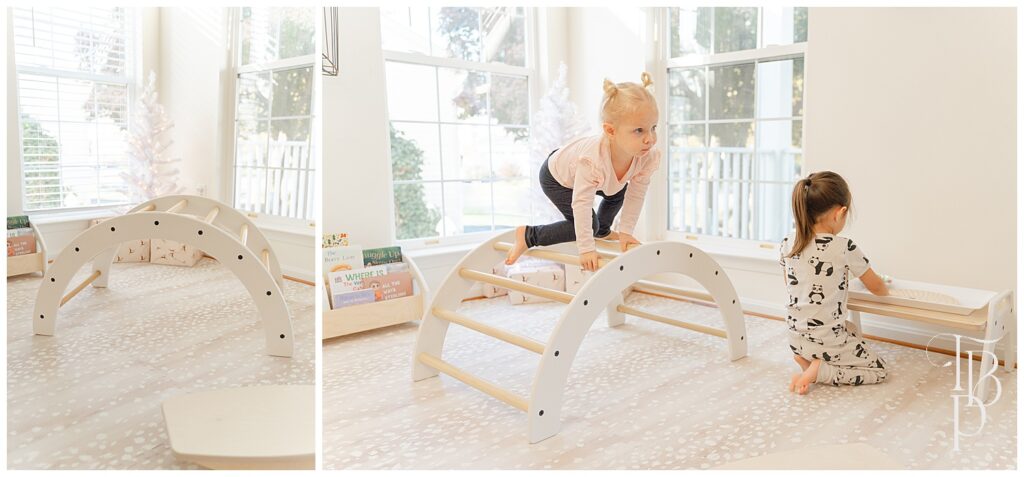 Kids playing with wooden toys during product photos